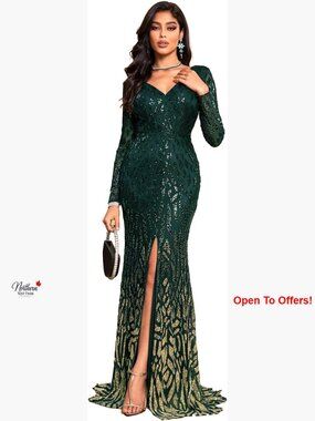 Formal Sequin Bodycon Long Sleeve Prom Evening Maxi Dress